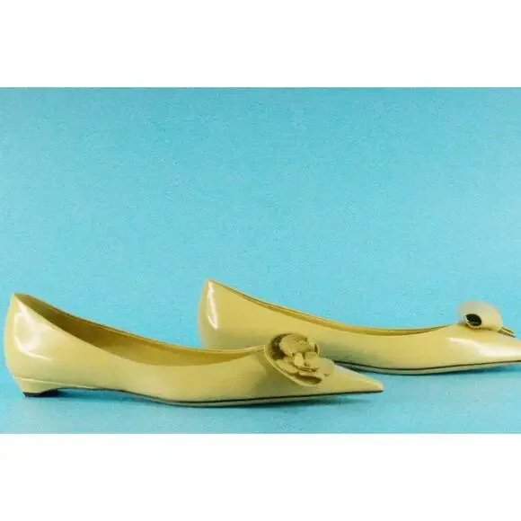 Prada Loop Bouquet Yellow Patent Pointed Toe Flat NIB $1120 Floral - Picture 8 of 13